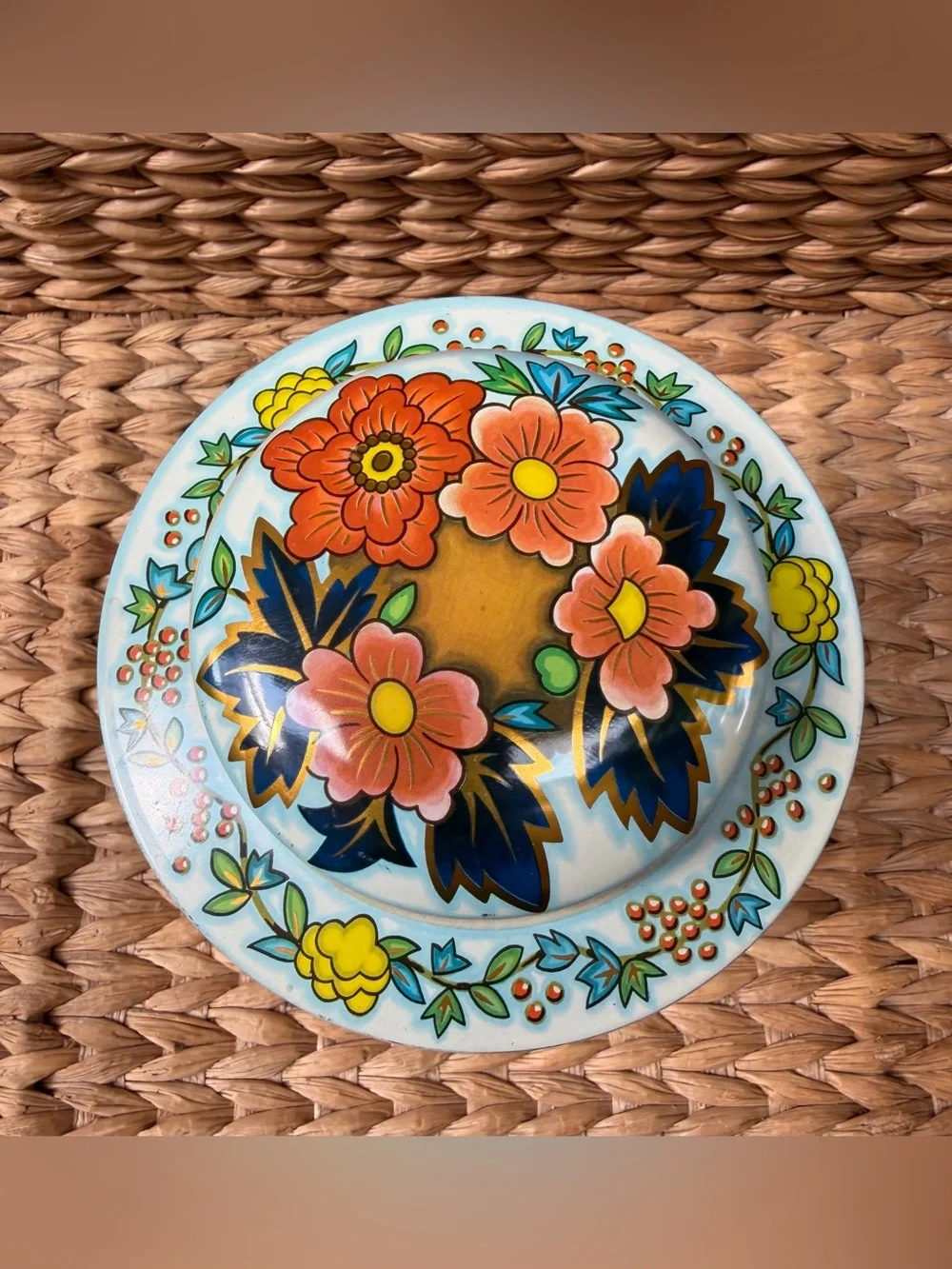 Vintage 70’s DAHER England Floral Tin Canister Embossed Flowers Folk Art Storage